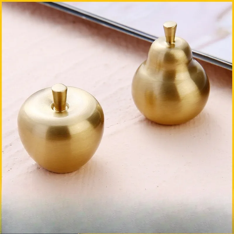 2PCS Apple Shaped Brass Furniture Pull Handle Solid  Hardware Kitchen Cabinet Gold Pear Knob for Childrens Room