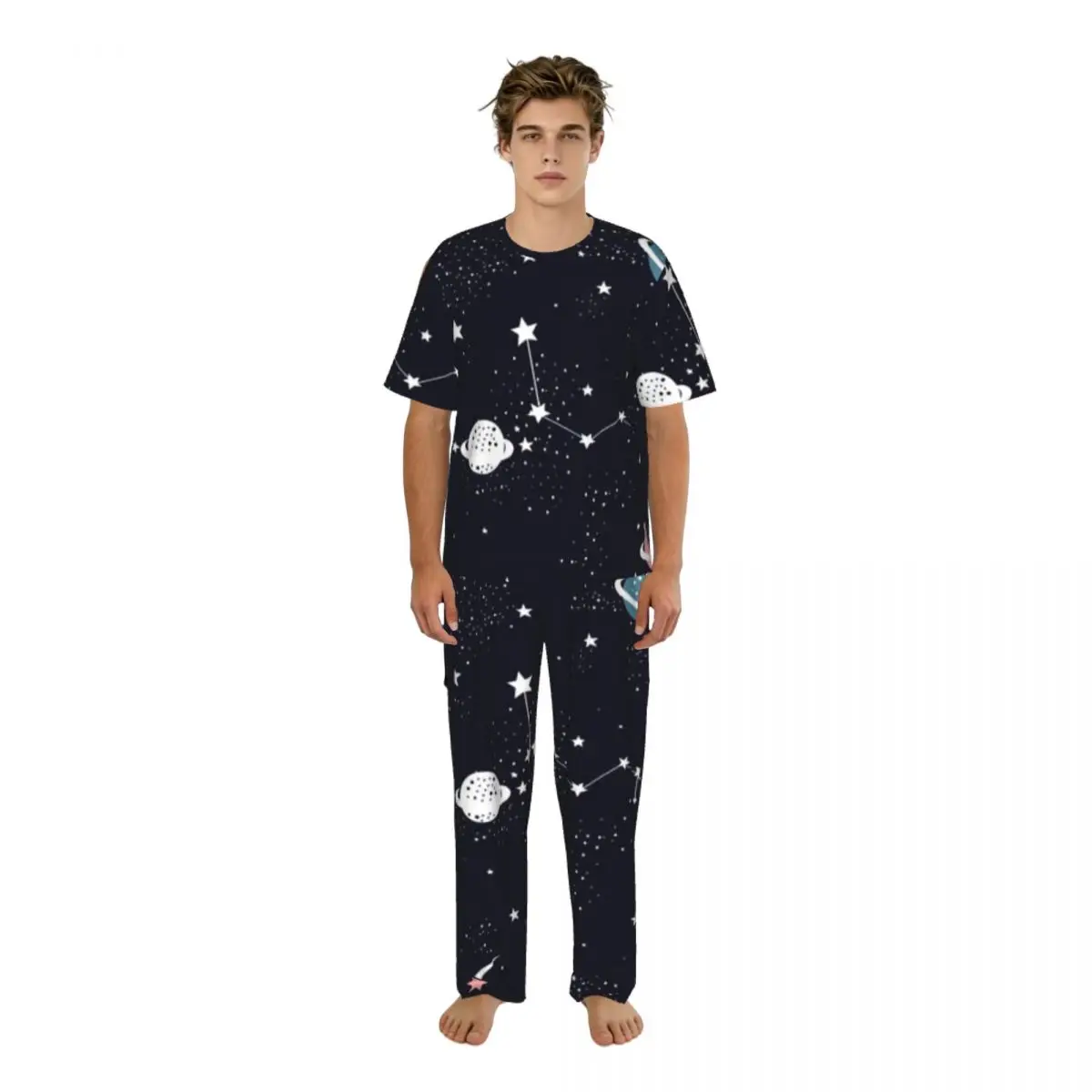 

Мужская пижама с короткими рукавами, состоящая из двух частей, с брюками, с принтом Space Galaxy, домашний костюм, одежда для сна