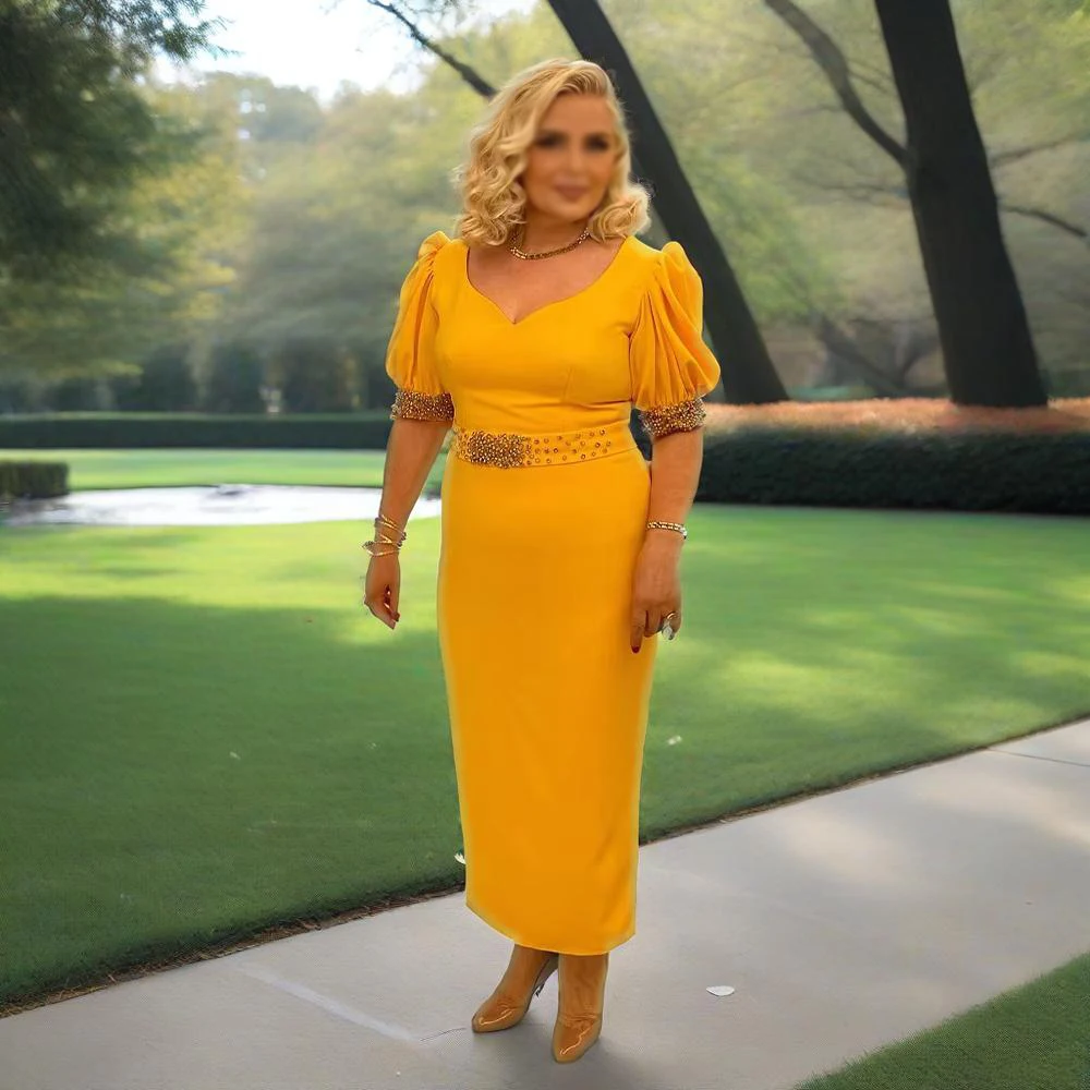 

Mother of the Bride DressesMidi Half Sleeves Beading Belt V Neck Gold Wedding Guest Gowns Short Column Party Dresses for Women