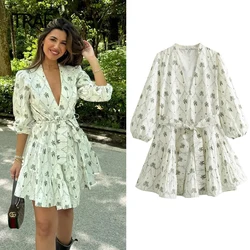 TRAF Mini Print Dress Fashion Summer Dresses 2024 V-Neck Short Sleeves Bow Belt Dresses Beach Vacation Dresses Elegant New Dress