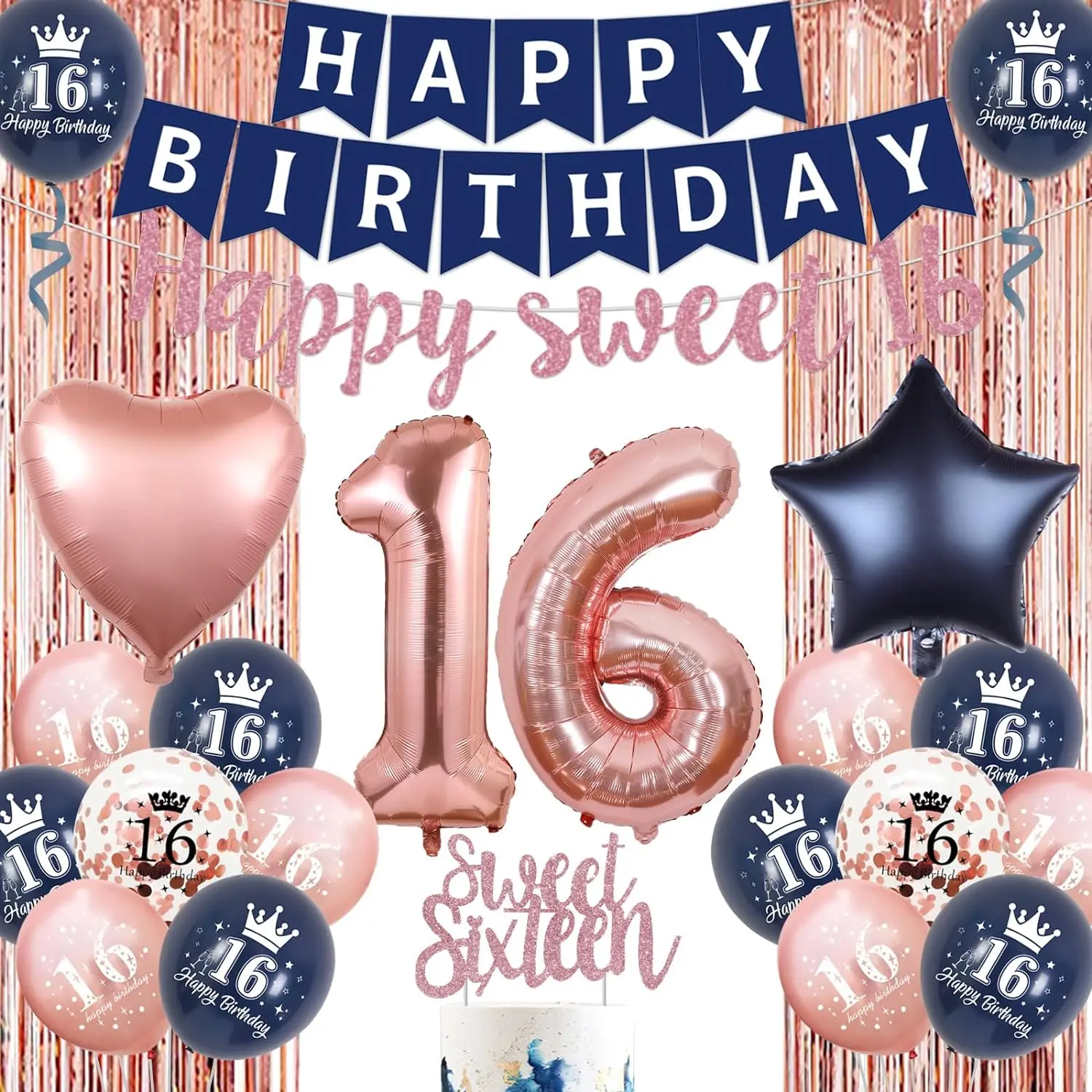 

16th Birthday Decor Happy Sweet 16 Birthday Banner Sweet 16 Cake Topper Balloons Fringe Curtain Number 16 Foil Balloon