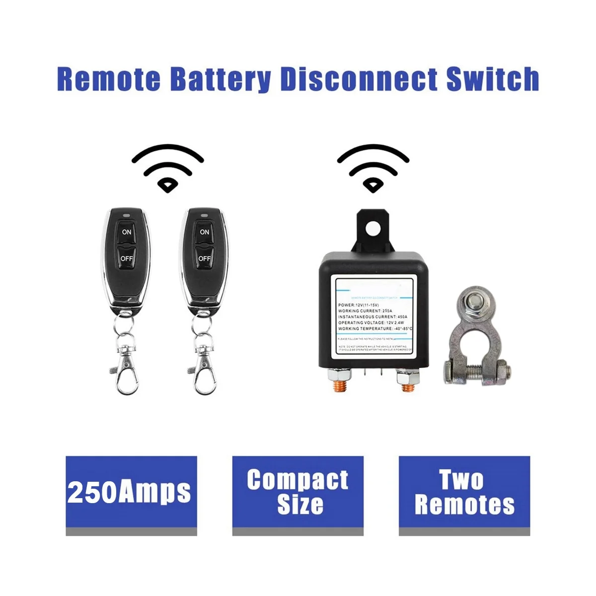 12V 250A Universal Battery Switch Relay Integrated Wireless Remote Control Disconnect Cut Off Isolator Switch 2 Remote