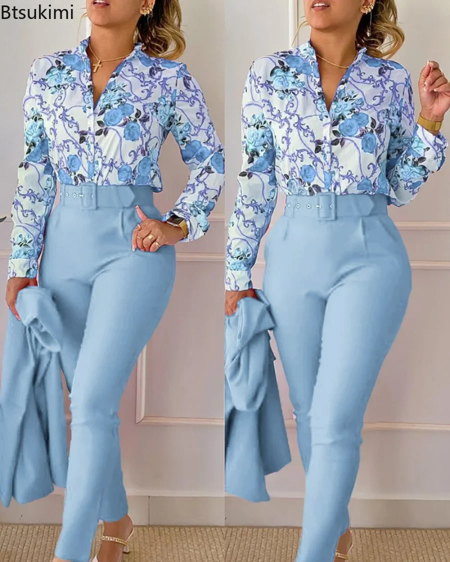 2024 Women Summer Floral Print Shirt & High Waist Pants Work Suit Sets Female V-Neck Long Sleeve Top 2 Pieces Suit Sets Elegant