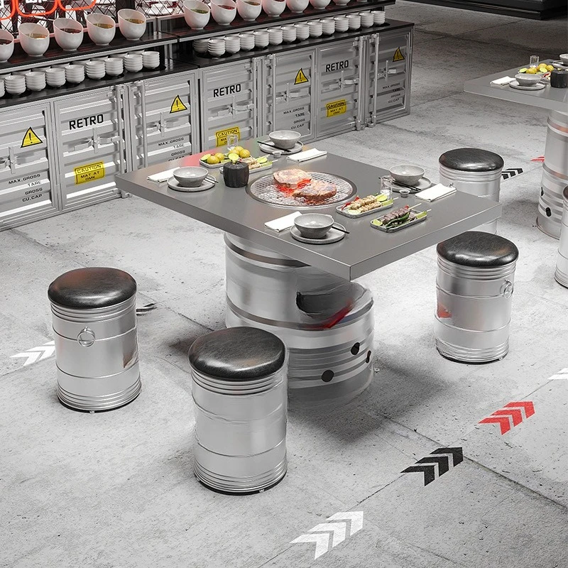 drum dining table and chair commercial barbecue restaurant hot pot restaurant stainless steel dining table and chair combination