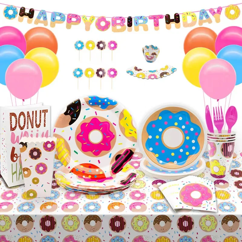 Suministros para fiestas de donuts, juego de platos, servilletas y tazas, decoración temática de cumpleaños, Baby Shower