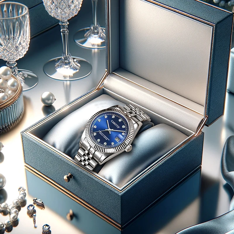 ساعة ميكانيكية نسائية من الفولاذ المقاوم للصدأ بتقويم أزرق فضي وأنيق وبسيط