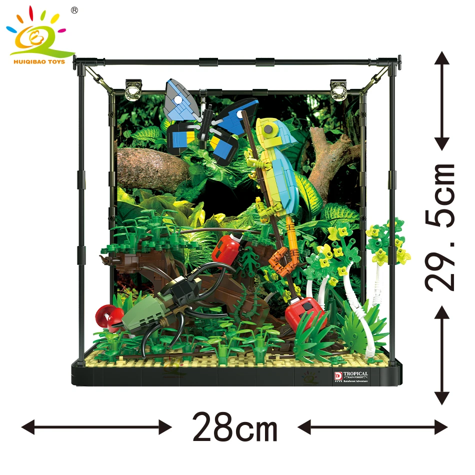 HUIQIBAO MOC Tropical Rainforest Display Box Building Block With Light Brick Lizard insect City Construction Toy For Children