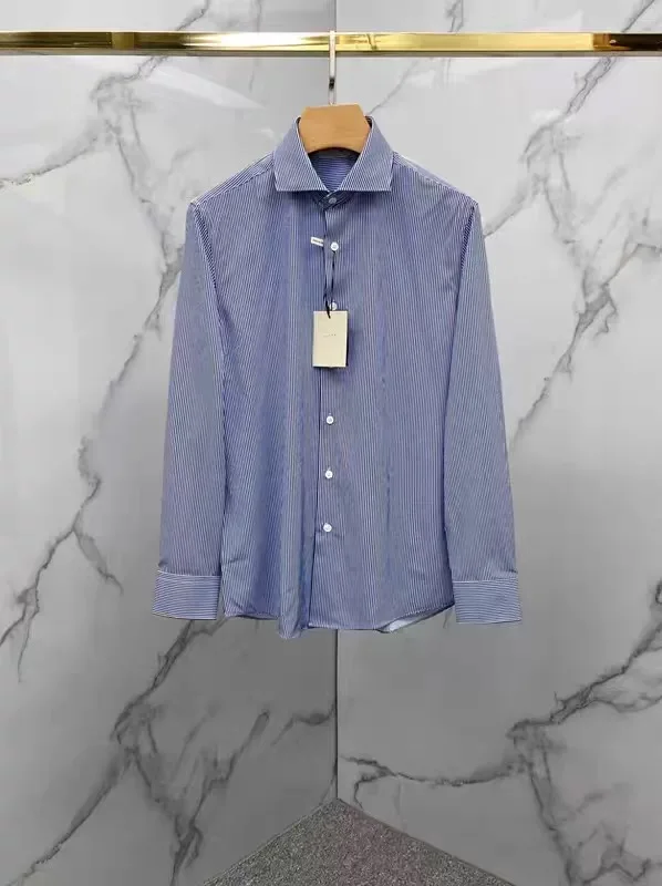 

Итальянская мужская деловая рубашка в классическом стиле, простая, повседневная, для поездок на работу, с длинным рукавом, в полоску, из хлопка, приталенного кроя, весна-лето