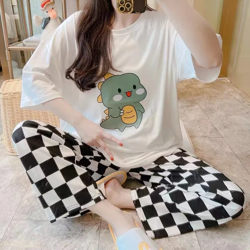 Pyjamas Set for Women Short Sleeves Long Trousers Student Pajamas Two-Piece Round Neck Pullover Plaid Trousers Easy to Clean Lad