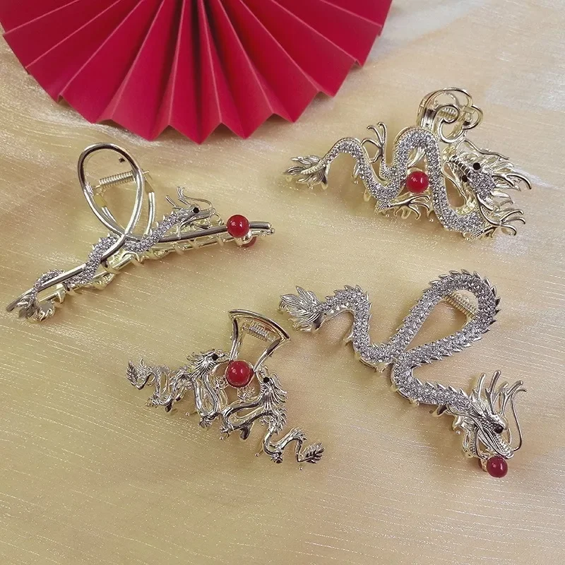 2024 New Chinese Dragon Year Hair Clips Hair Accessories for Women Girl Red Bead Metal Rhinestone Hair Pin Fashion Jewelry Tiara