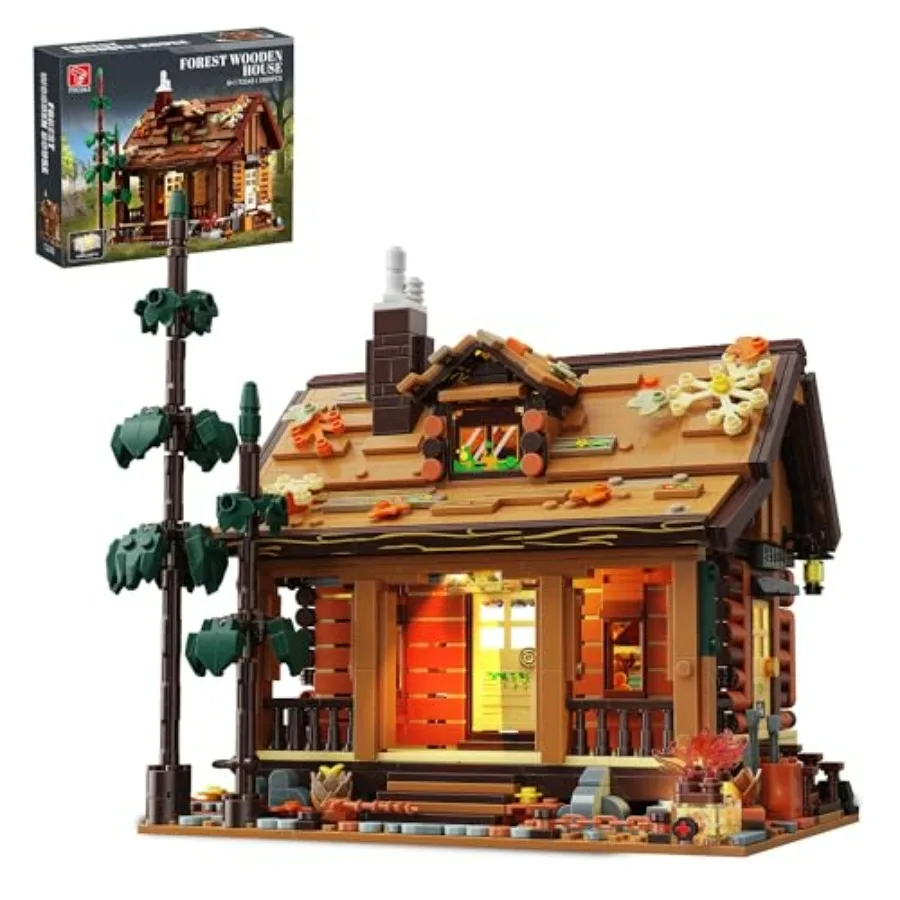 

Wood Cabin Building Blocks Set with LED Lights for Autumn House Construction Log Cabin STEM Treehouse Kit in Brown 1969Pcs Idea