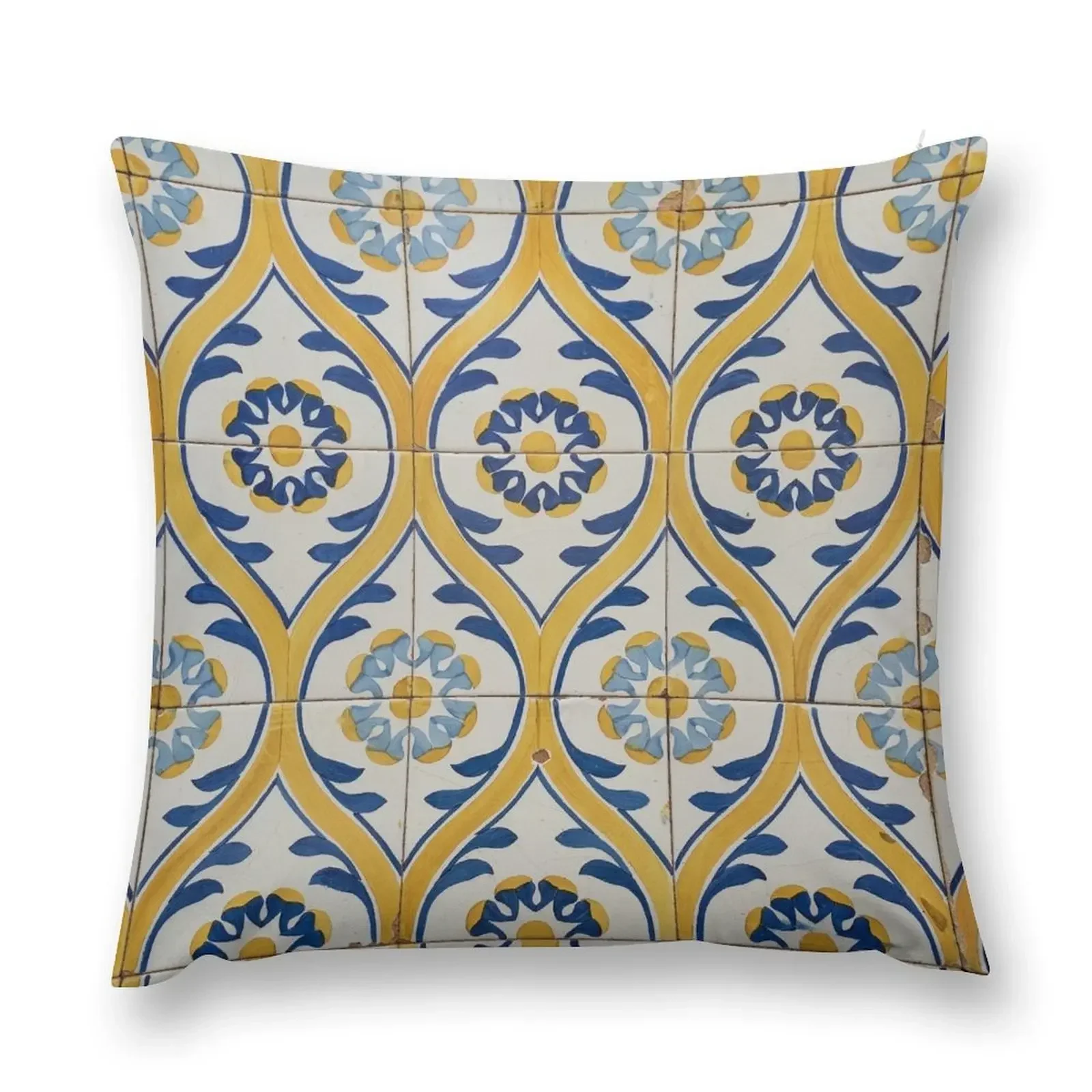 Painted Patterns - Azulejo Tiles in Blue and Yellow Throw Pillow Cushion Cover Luxury Decorative Cushion pillow