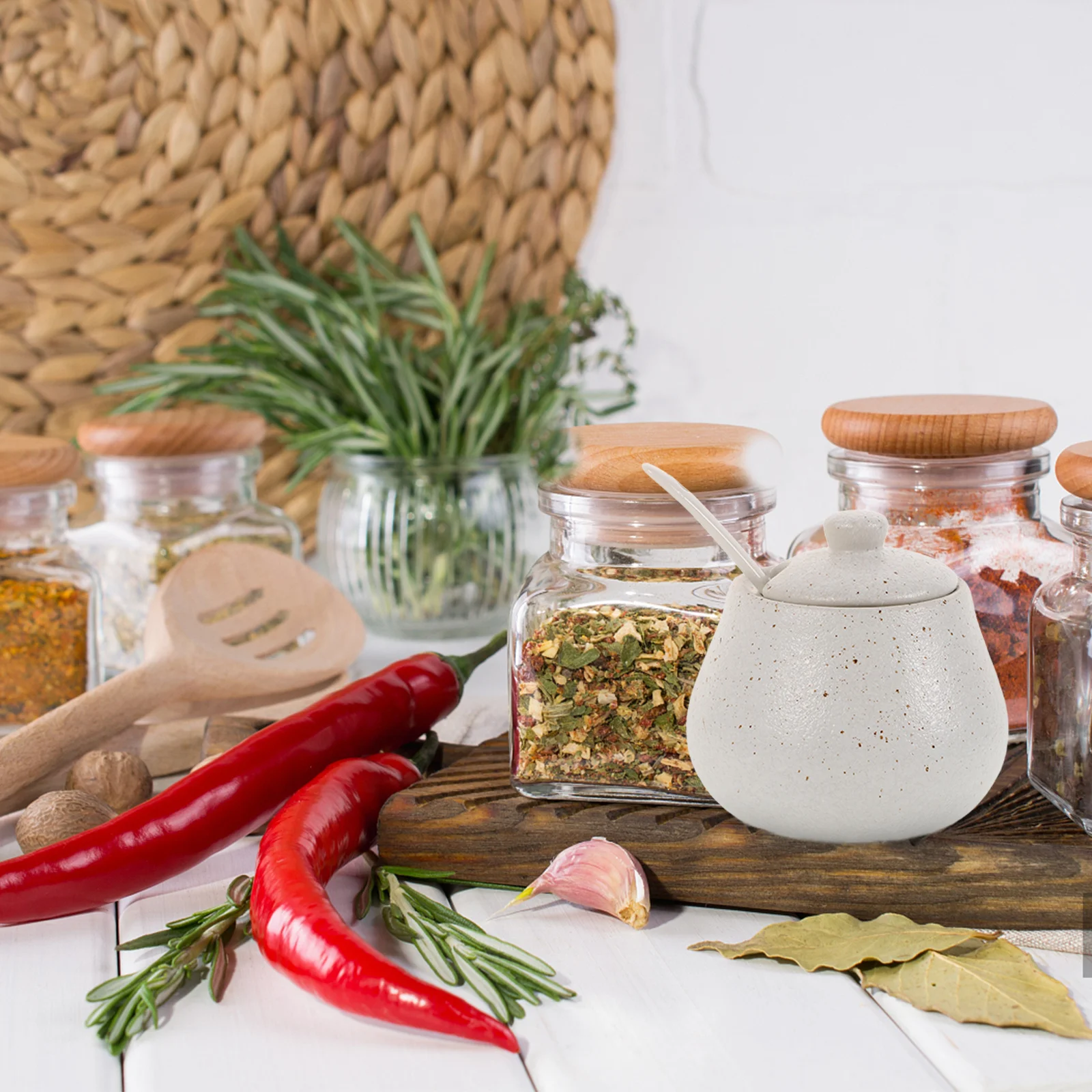 

Spice Jar with Lid Condiment Pot Ceramic Container Dispenser Spoon Kitchen Small Bowls