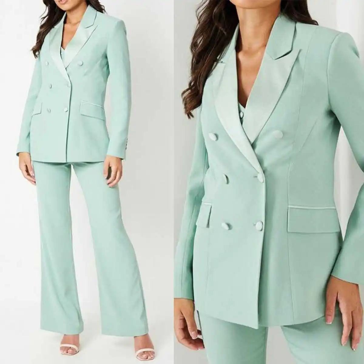 Ternos de calças slim fit personalizados para mulheres, seios duplos, desgaste de jaqueta blazer, verde menta, mãe da noiva, 2 peças