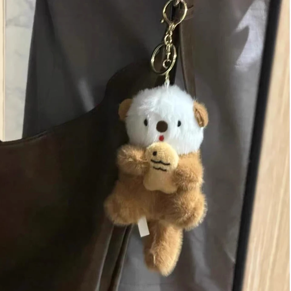 Fashion Fluffy Animal Pendant Keychain Lovely Otter Holding Fish Bag Charm Decorative Ornament Accessory for Backpack Handbag