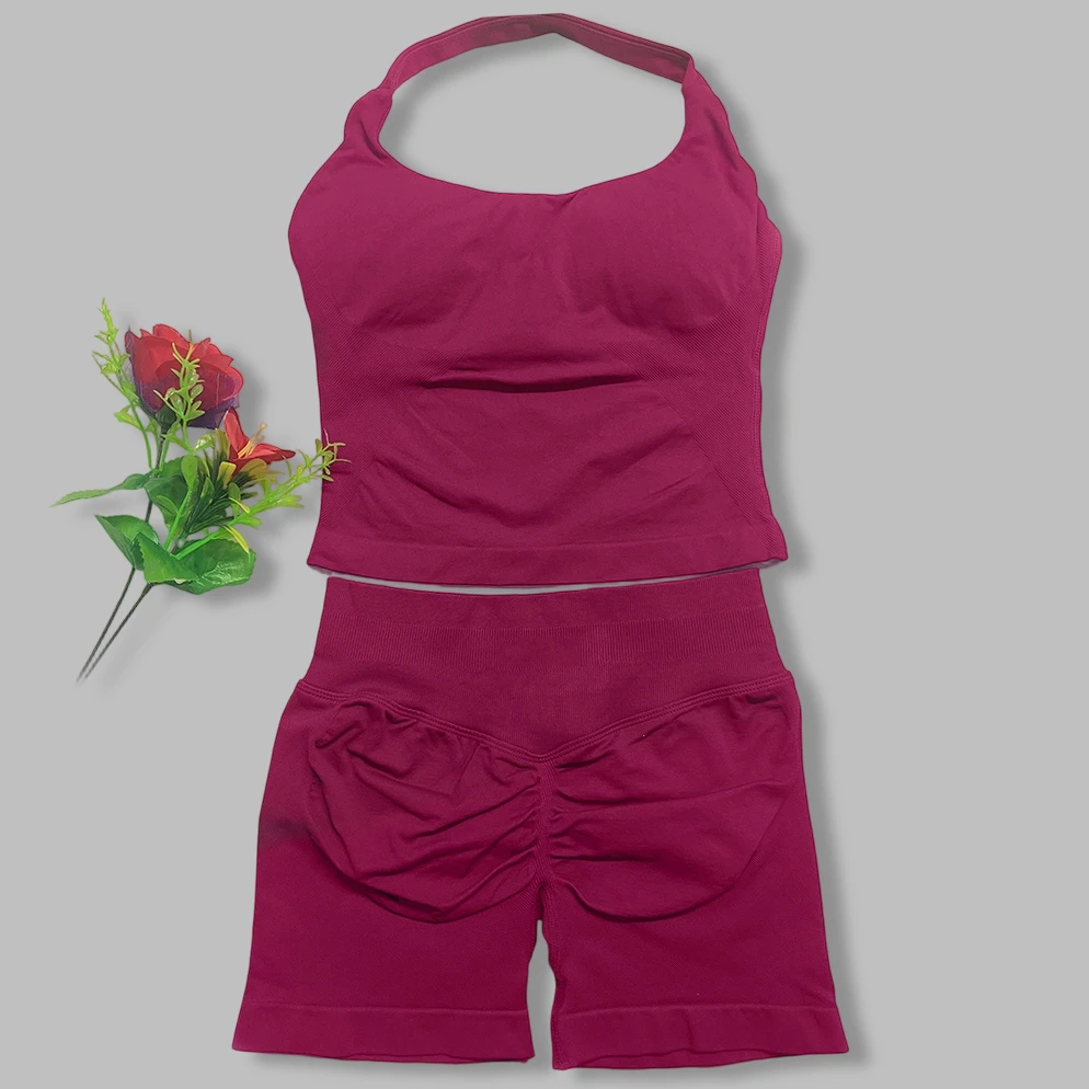 2PCS DF L0G0Women Halterneck Backless Yoga Set, Stretch Naadloze Halter Top Scrunch Hoge Taille Shorts Gym Workout Sportoutfits