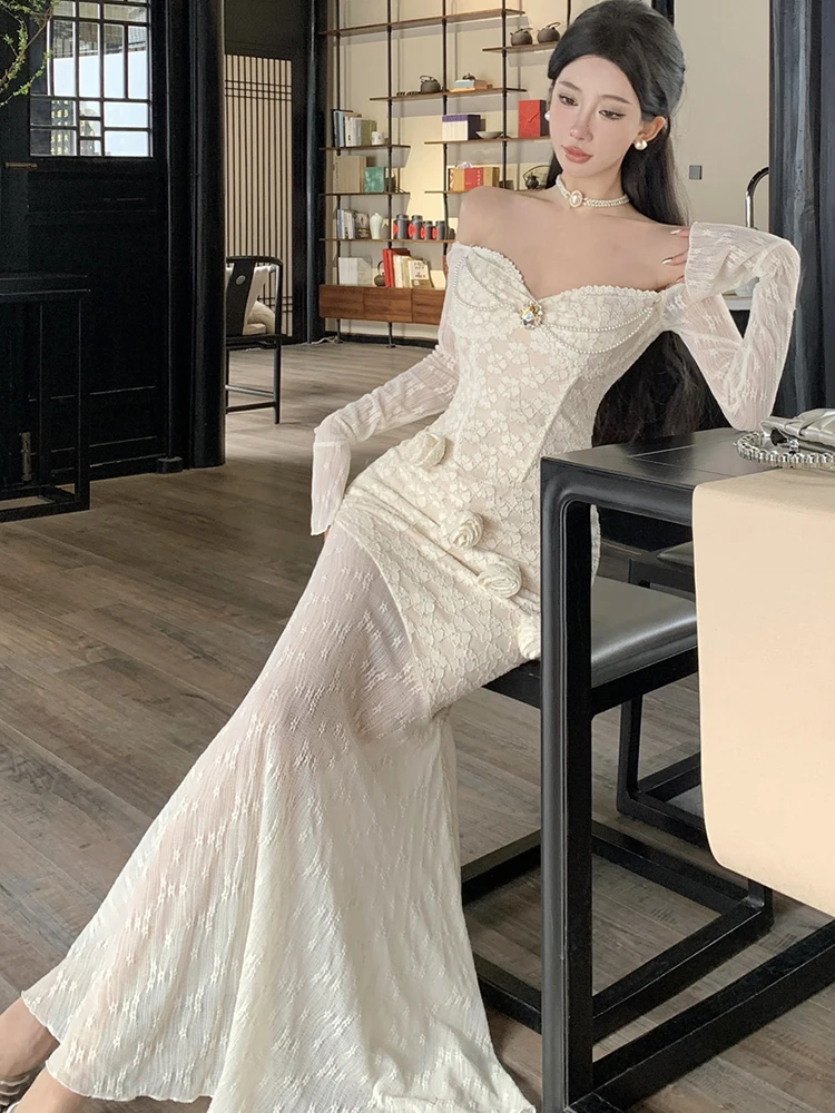 نساء أزياء من الدانتل الجاكار المرقعة تكدرت فستان حورية البحر المرأة شيك مائل الرقبة فستان مثير 2025 فساتين المهرجان الكورية الفاخرة