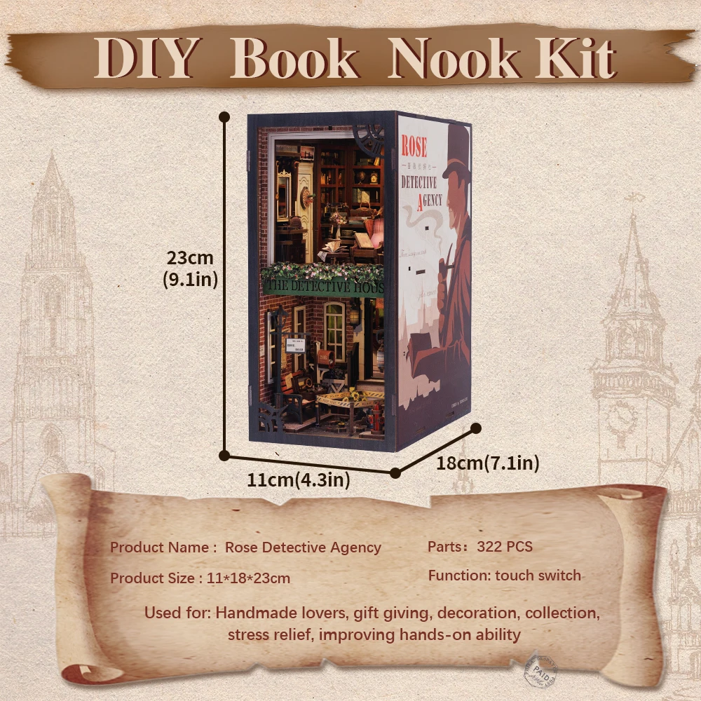 CUTEBEE Book Nook Miniature Doll House Kit Bookshelf Insert With Touch Light Dust Cover DIY Booknook Gifts Rose Detective Agency