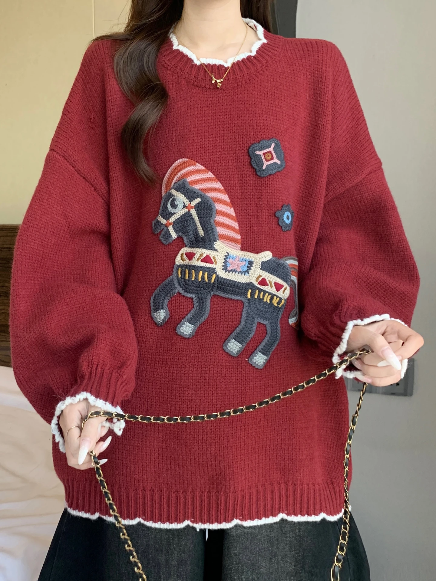 

Красный вязаный свитер женский, уютный, теплый, модный, для повседневной носки, с круглым вырезом, средней длины, больших размеров, для осени и зимы