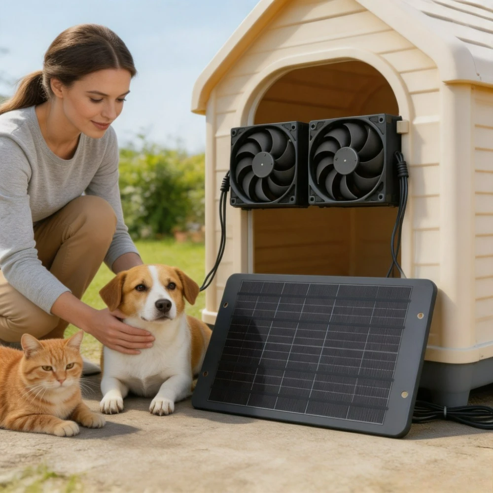 Outdoor Solar Waterproof Double Fan Ventilation Cooler Kit with Solar Panel for Dog House Chicken Coop Greenhouse RV Camper Tree