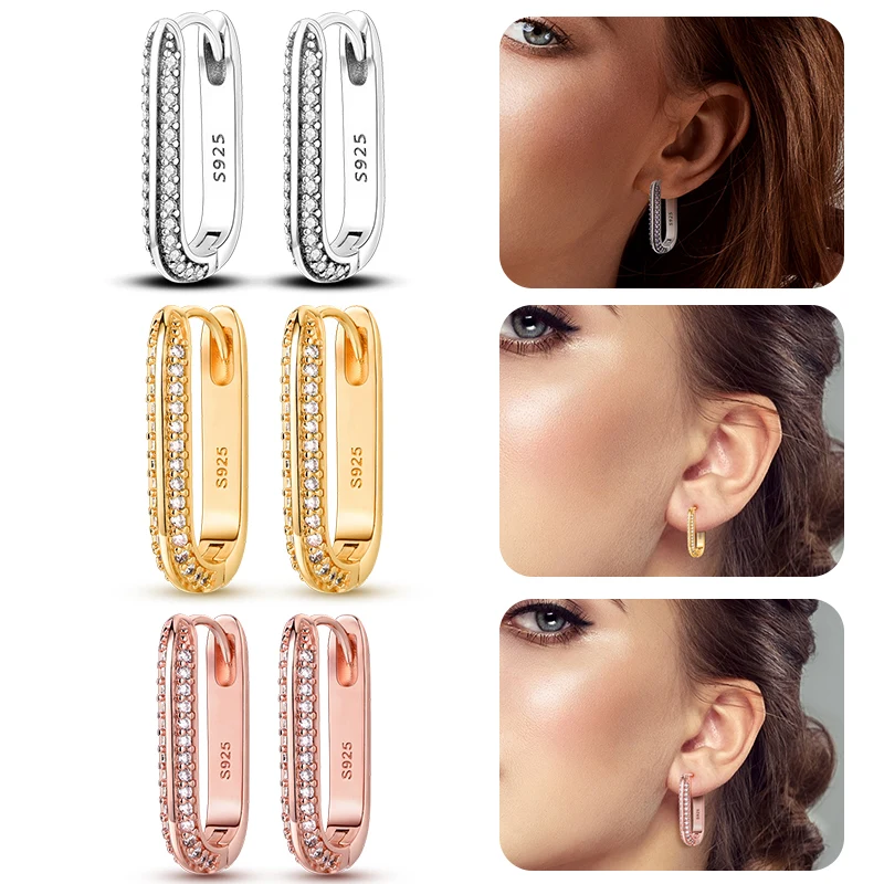 2024 NEW 925 Sterling Silver rectangular Hoop Earrings Inlaid Zircon Golden Earrings For Women Wedding Gift Luxury Jewelry