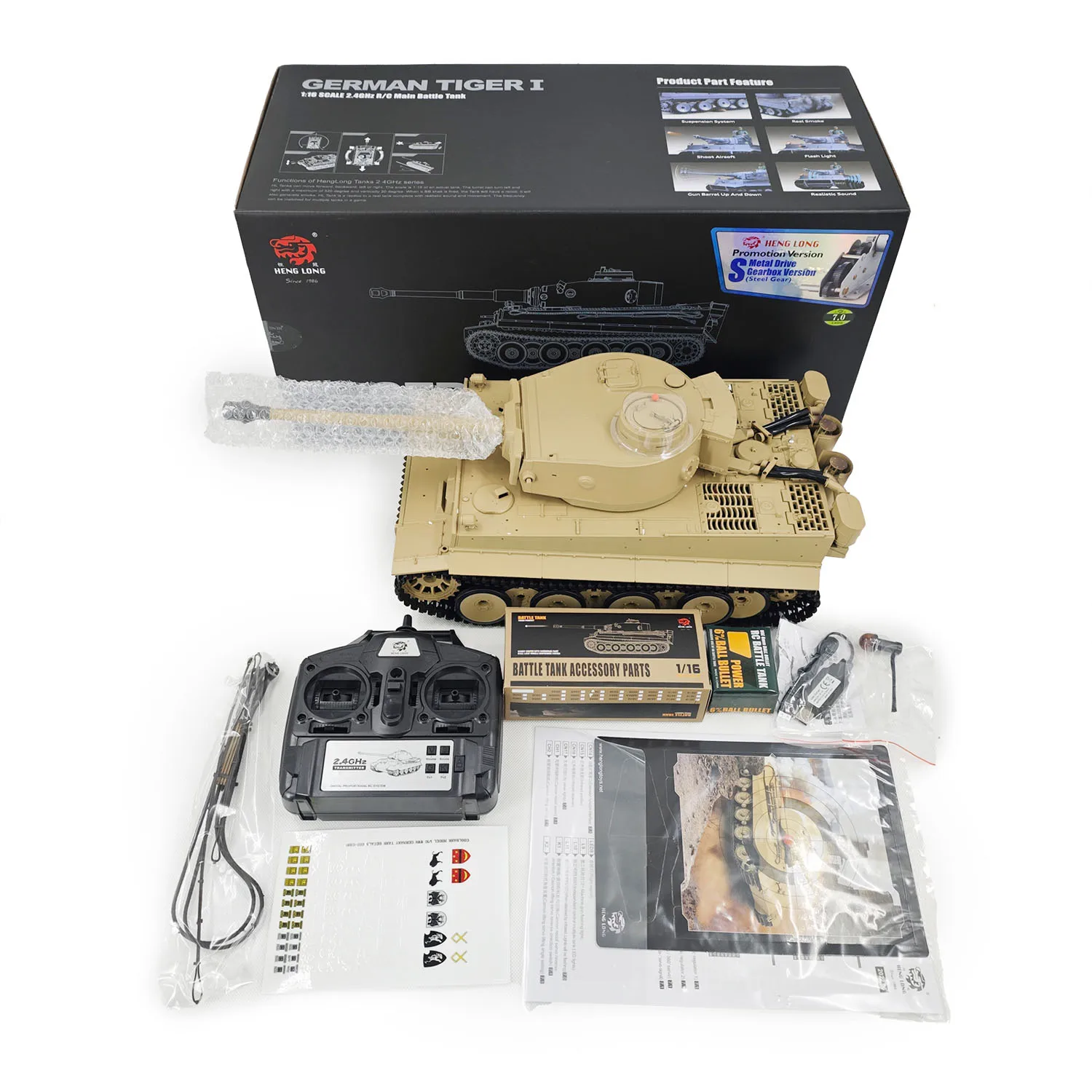 Henglong 2.4Ghz 1/16 7.0 Plastic Tiger I RTR RC Tank 3818 BB IR Barrel Recoil Steel Gearbox 320 Degree Rotating Turret - view 2