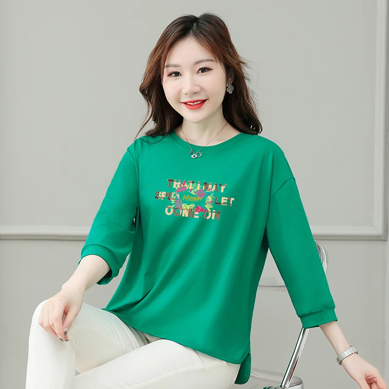 

2025 new plus size middle-aged women's pure cotton three-quarter sleeve T-shirt spring and summer loose casual versatile top