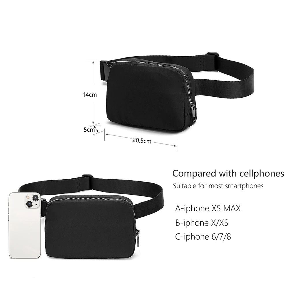 Black Fanny Belt Bag Waist Pack Crossbody Bags Bum Bag for Running Hiking Travel Workout Adjustable Strap for Women