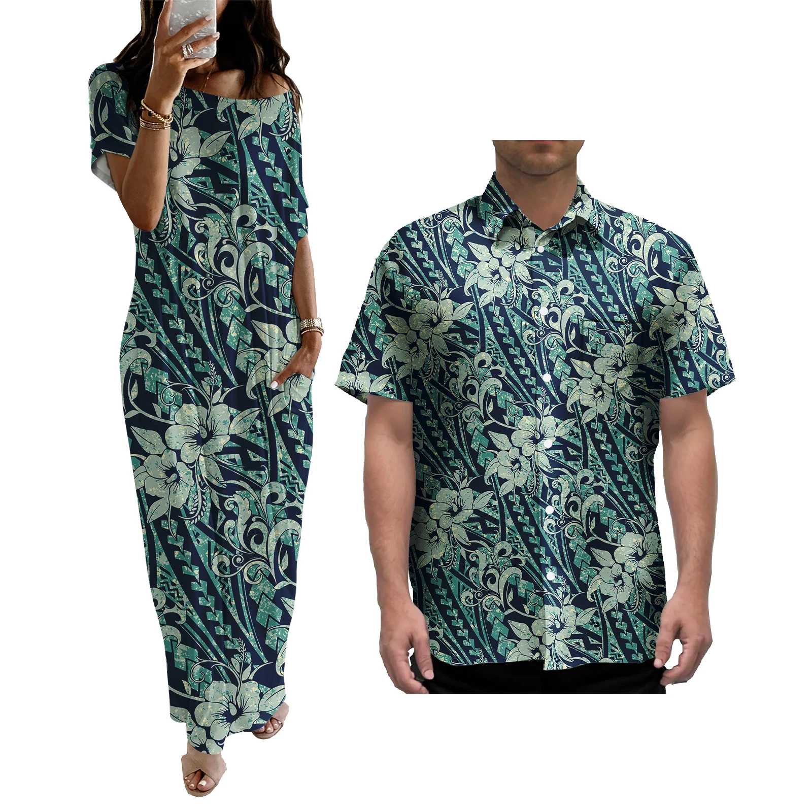 All Seasons Polynesian  Tribal Design Couple Clothes Mens Shirts   samoan puletasi Short-Sleeved drop shoulder dress