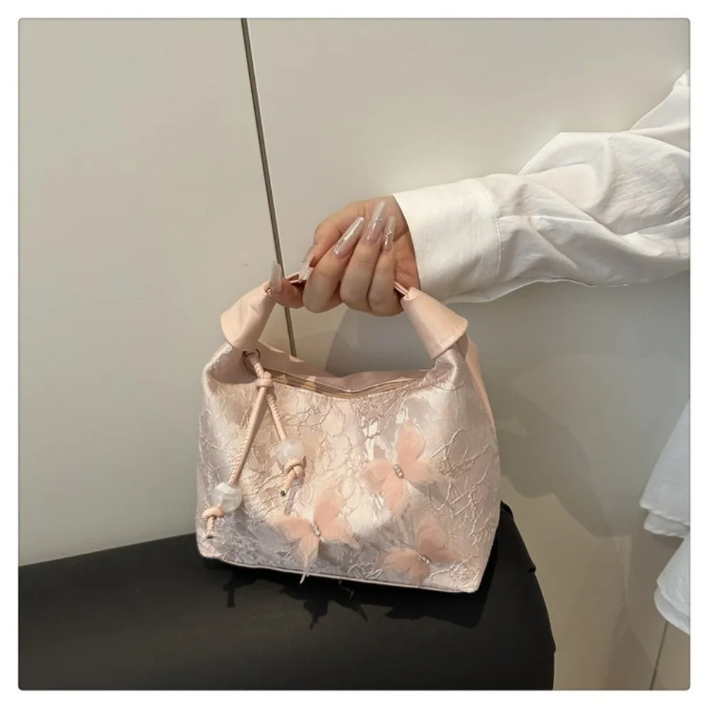 

New Butterfly Embroidery Shoulder Bag Canvas Zipper Closure Crossbody Bag Bead Hanfu Embroidery Handbag Women