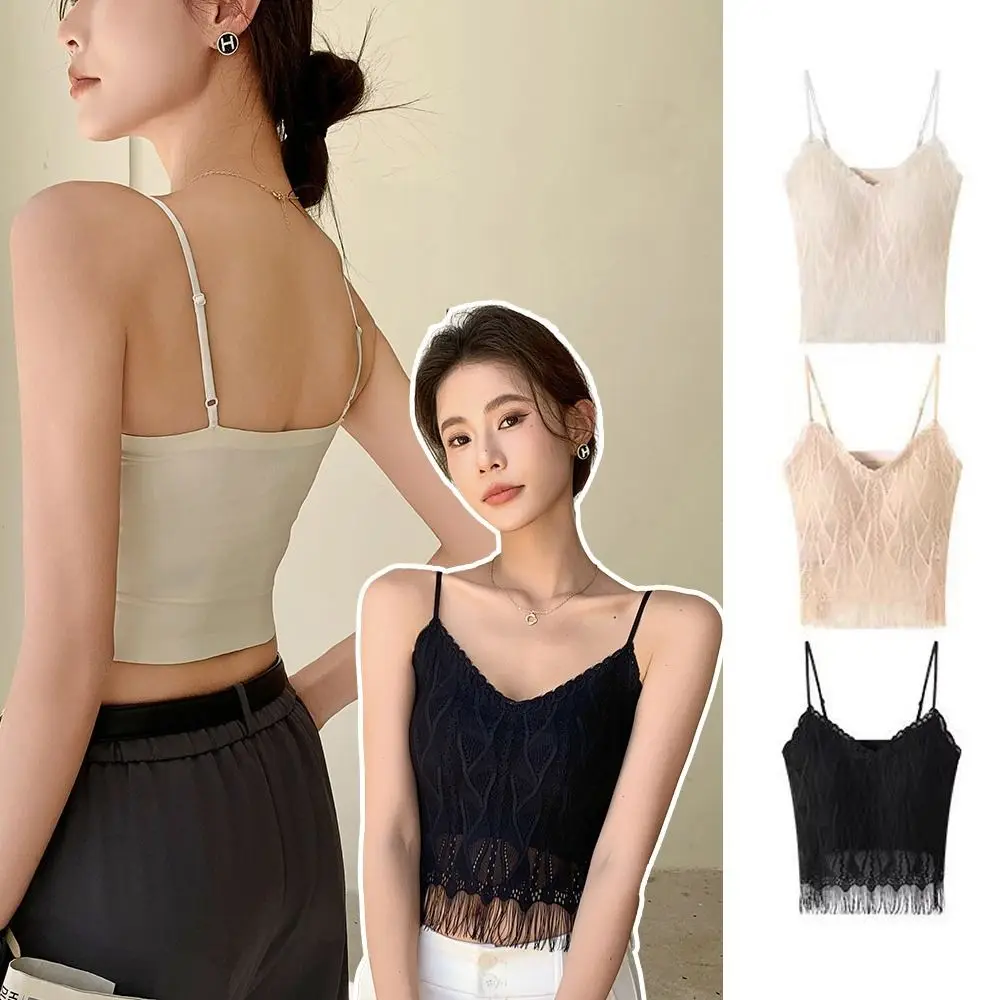 Camisola ajustada de malla de encaje con borlas, Top corto de encaje sin costuras sin mangas, chaleco con tirantes finos en V profundo con almohadillas para primavera y verano