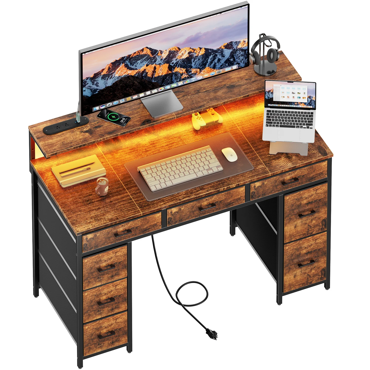 

Computer Desk with 8 Storage Drawers, Adjustable Monitor Stand, Writing Desk with LED Lights & USB Power Outlets, Gaming Table