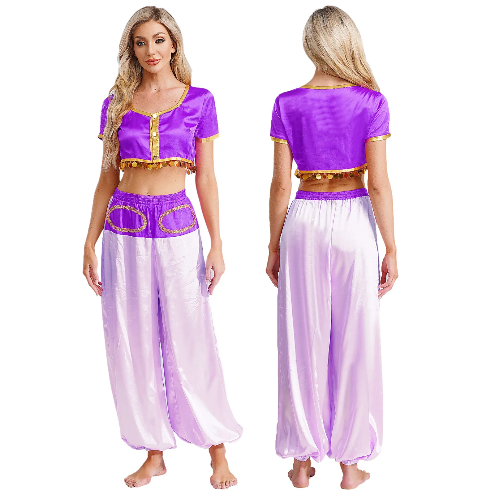 المرأة قطعتين البطن أداء الرقص الهندي المحاصيل الأعلى مع البنطلونات السراويل مجموعة غنائية هالوين العربية الشعبية تأثيري وتتسابق