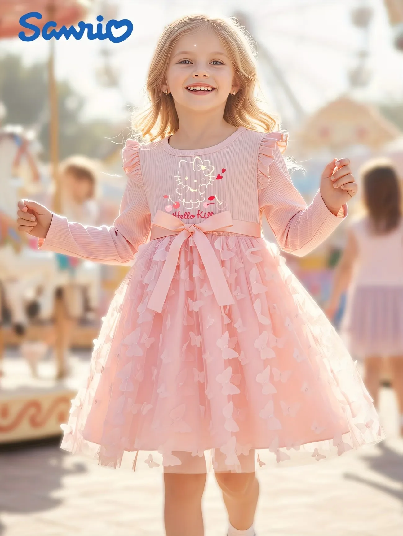 Girls' Hello Kitty Tulle Dress, Long-Sleeve 3D Butterfly Princess Dress for Autumn