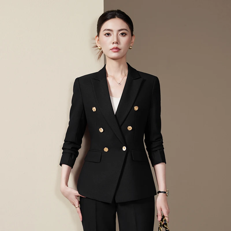 

NAVIU High Quality Suit Office Casual Two Piece Set Spring Autumn Women Double Breasted Blazer And Trousers Ladies Work Wear