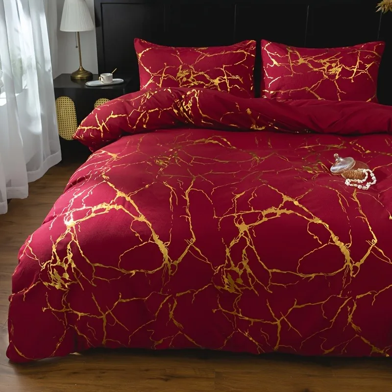 Gold Foil Marble Bedding Set 3/4pcs Luxury Metallic Veins Duvet Cover Pillowcase Modern Bedroom Bed Linen