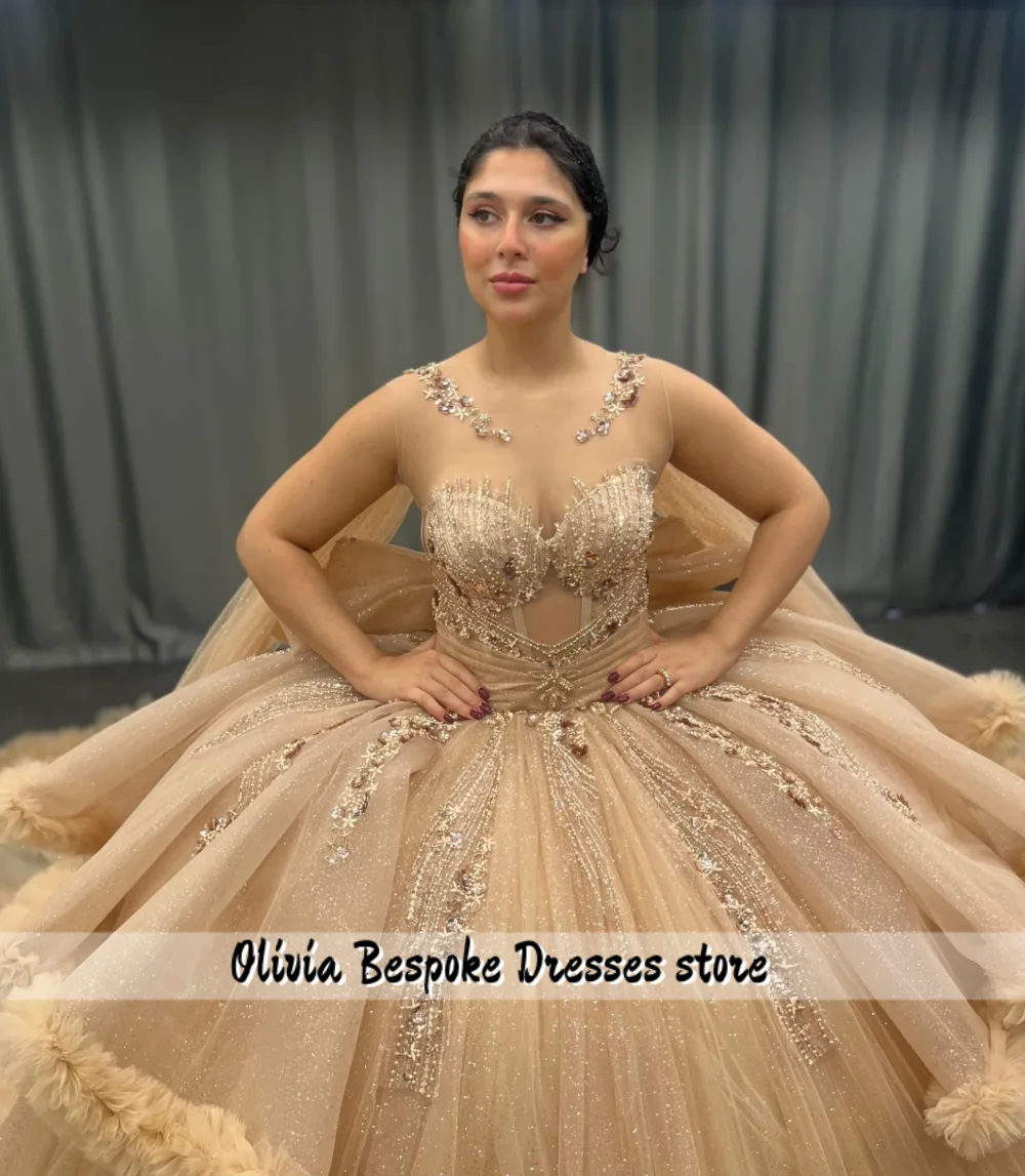 샴페인 튤 15세 퀸시에라 드레스 2026 오프숄더 비즈 장식 멕시코 생일 무도회 드레스 맞춤 제작