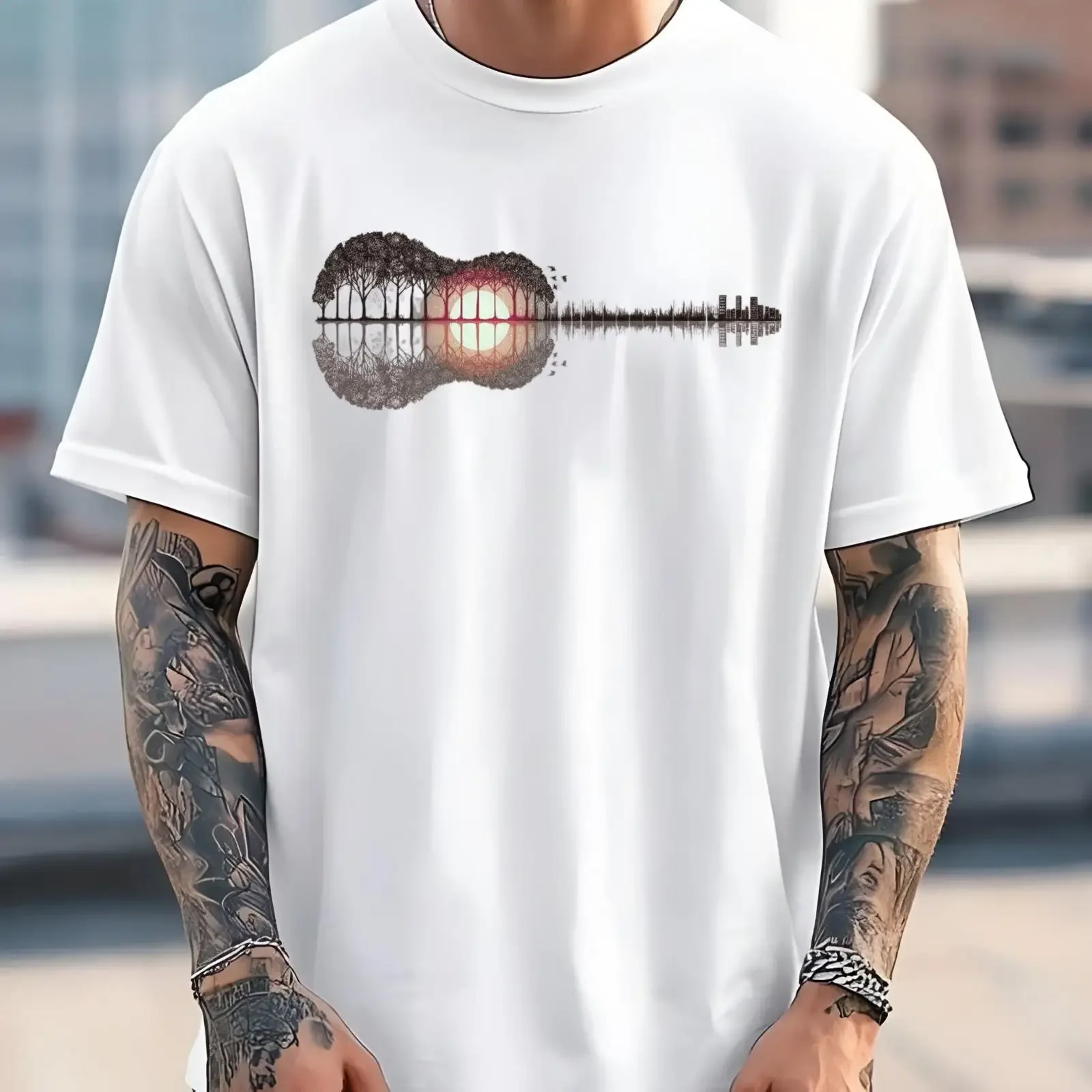 Guitar Landscape T Shirt Music Lover Nature Instrument Top vintage Washed Comfortable Top For Everyday Wear Versatile Stretched