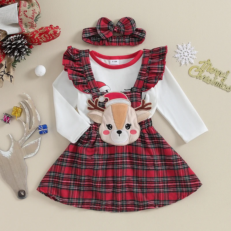 

3Pcs Baby Girls Christmas Outfit Long Sleeve Letters Print Romper with Elk Plaid Suspender Dress and Bow Headband Xmas Clothes