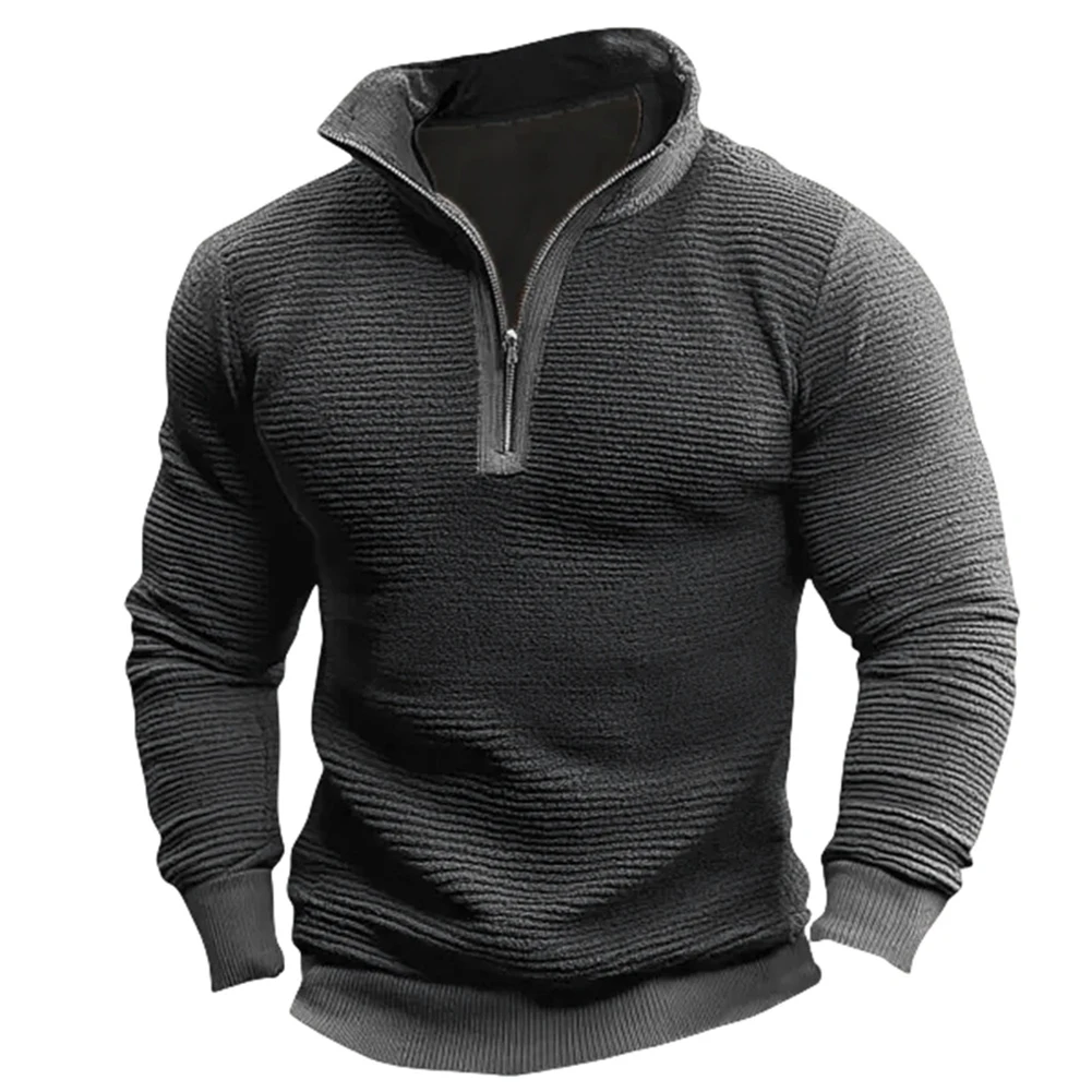 

Men's Casual Sweatshirt with Zipper Stand Collar Long Sleeve Solid Stripe Vintage Tops Suitable for Multiple Seasons