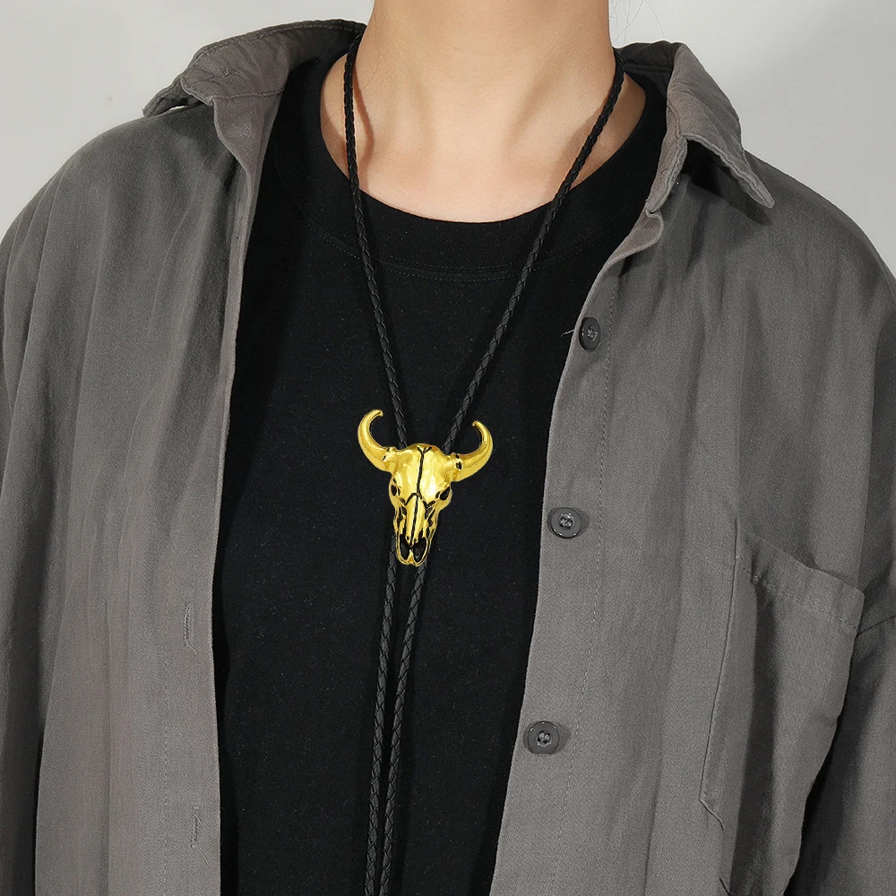 RechicGu Bolo-Krawatte mit Bullenkopf-Anhänger, Western-Cowboy-Krawatte für Herren, Lederseil, Halskette, Zubehör, Damen, Schmuck, Geschenke – Detail 10
