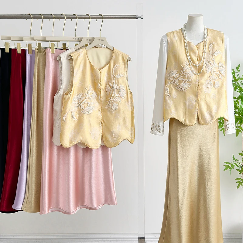 

Ele Embroidered Young Sle Vest Outerwear Spring Autumn Floral Pattern Cotton Polyester Blend Single Button Closure