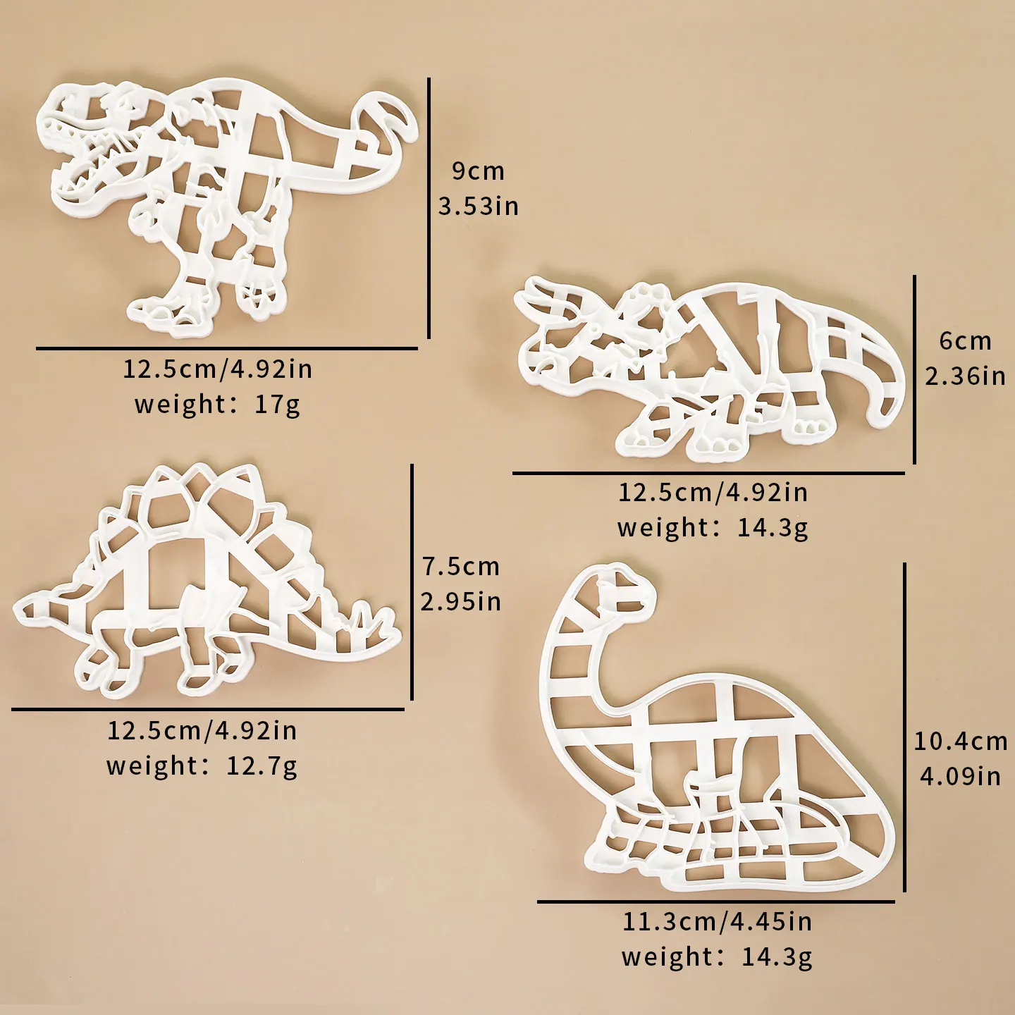 4 Pcs Dinosaur Cookie Cutter Brachiosaurus Tyrannosaurus Rex Triceratops Stegosaurus Designs for Kids Birthday Party, Christmas