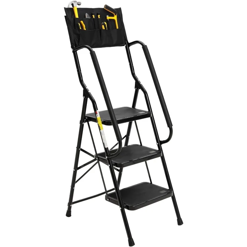 

3 Step Ladder, Lightweight Portable Folding Sturdy Steel Step Stool with Handrails, Attachable Tool Bag