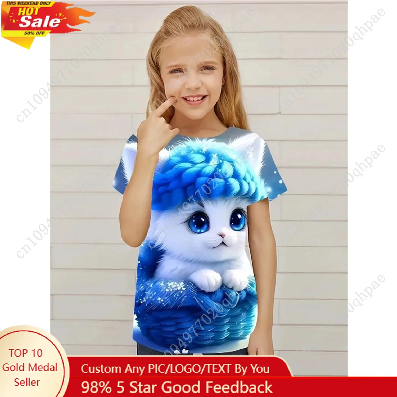 

Children's Clothing T-Shirts for Girls 3D Kitten Tops Kids Summer Clothes Trendy Girl Clothes Round Neck Tops T-Shirts for Girls