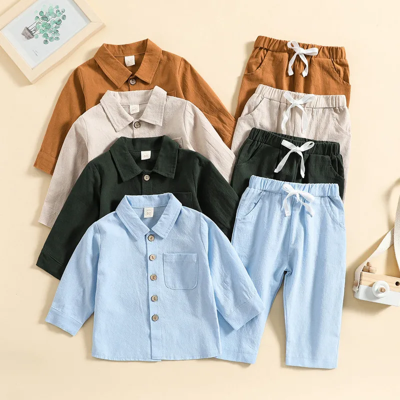 Kids Children Boy Pant Sets Autumn Clothes Solid Color Long Sleeve Button Up Shirt Tops and Elastic Drawstring Pants Outfits