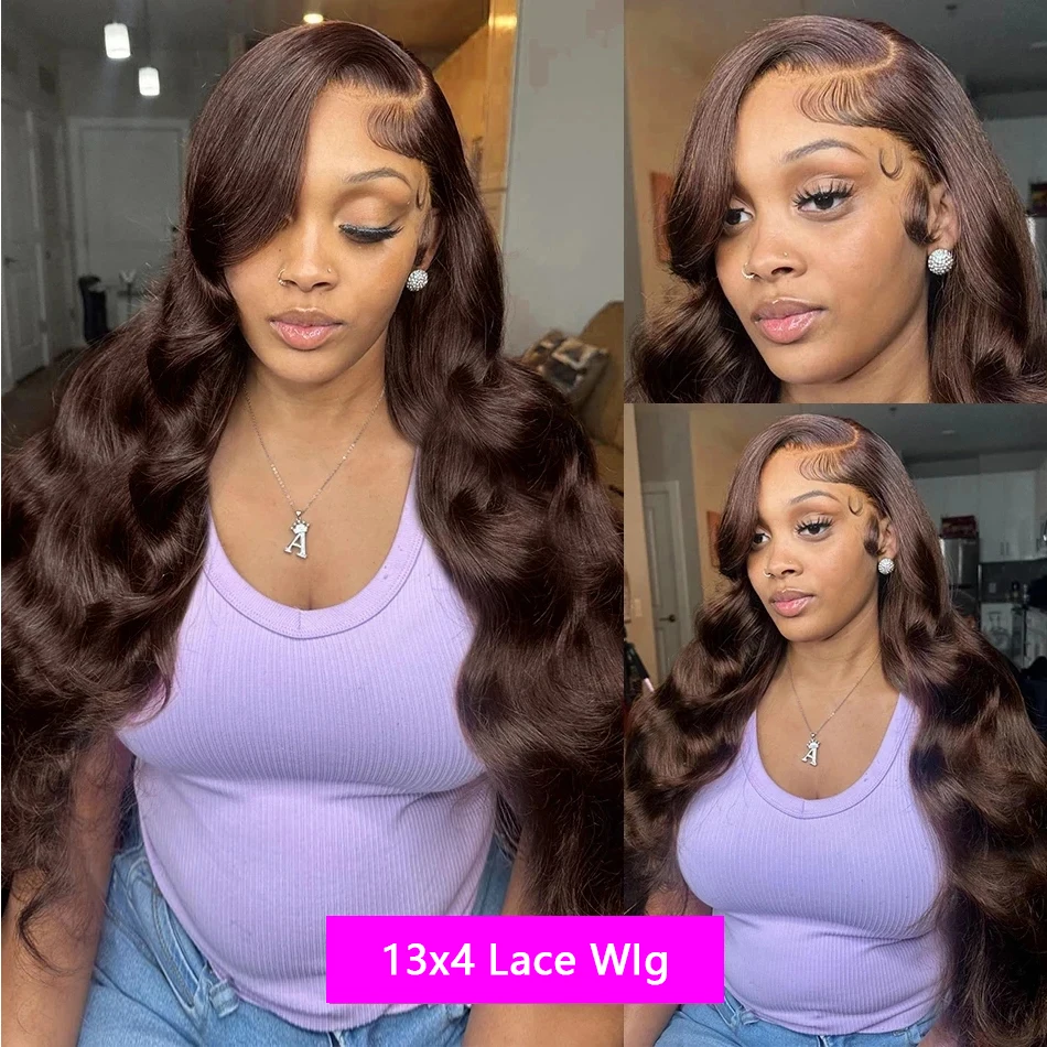 ﻿   ブラジリアンチョコレートブラウンボディウェーブ200%密度13x4 HDレースフロント人毛ウィッグ4x4レースフロントウィッグ生え際処理済み女性用