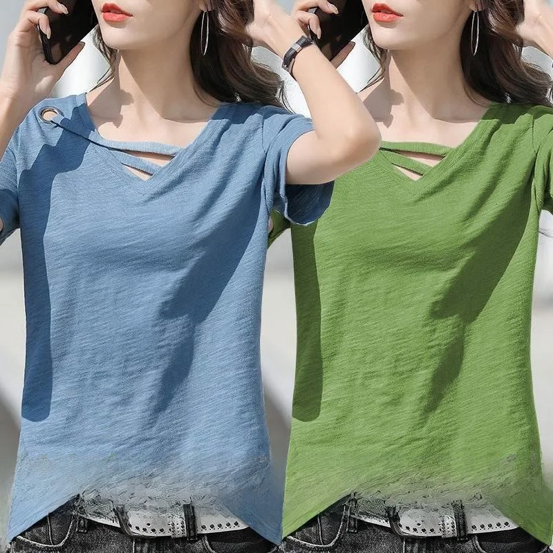 Women's Slim Fit V-Neck Short Sleeve T-Shirt Bamboo Cotton Summer New Style Pure Color Versatile Half Sleeve Top