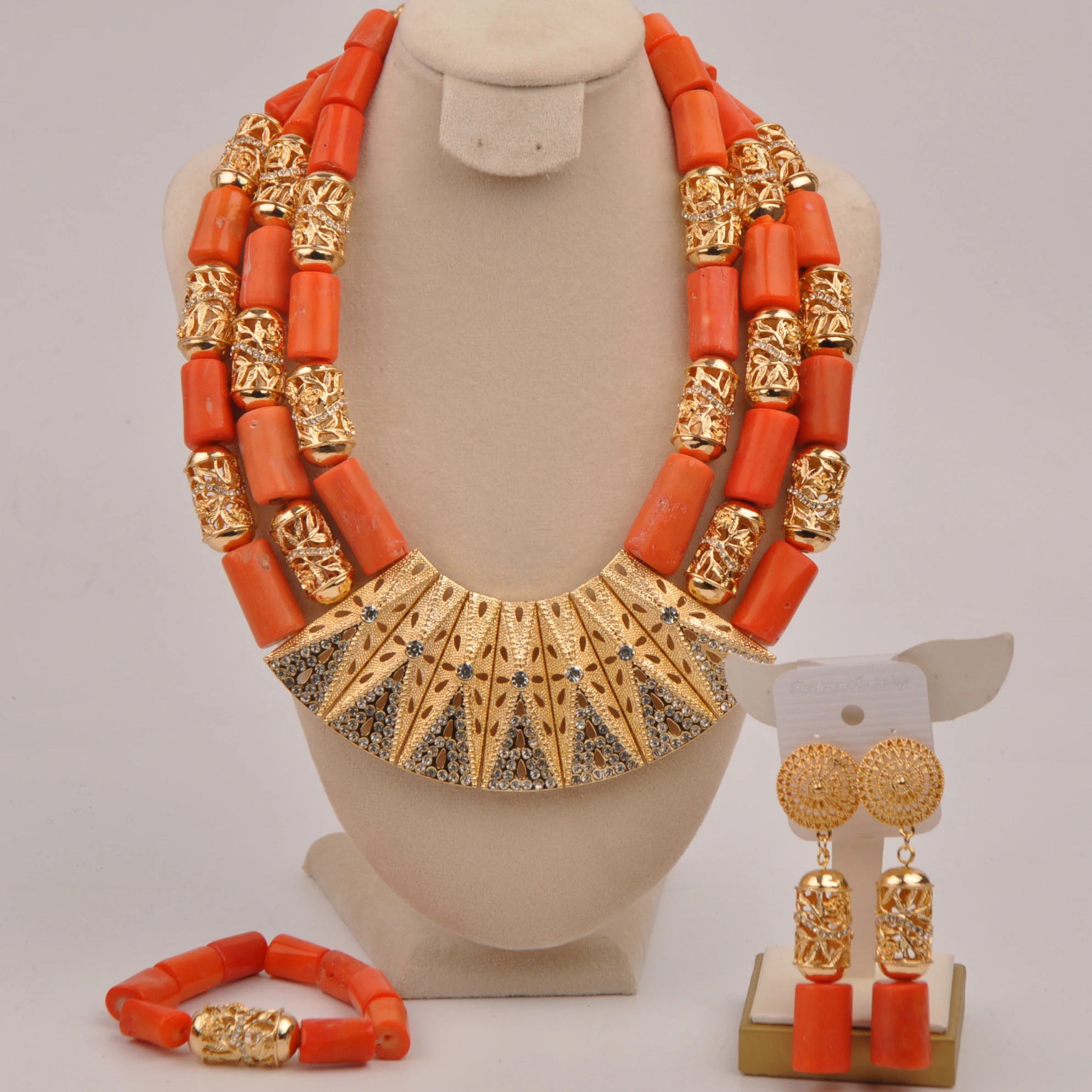 

Romantic African bride wedding jewelry natural orange coral necklace Nigerian wedding couple banquet jewelry set SHXY-60