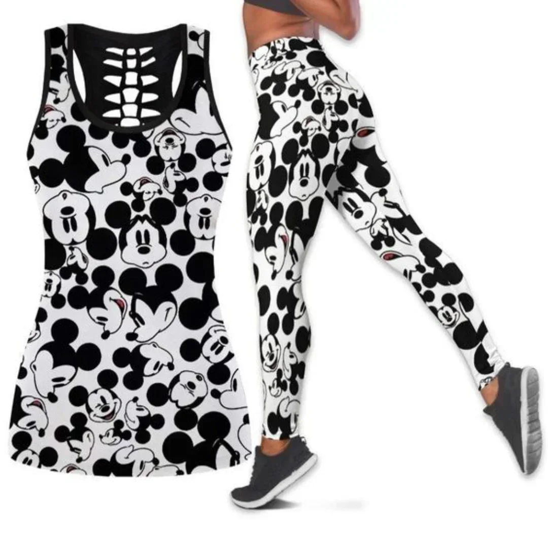 

New Free Custom Mickey Women's Hollow Vest Leggings Yoga Suit Fitness Leggings Sports Suit Disney Tank Top Legging Set